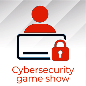 Orange person icon with a computer and lock, text: Cybersecurity game show.