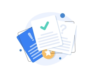 Documents with a question mark, an exclamation point, and a checkmark