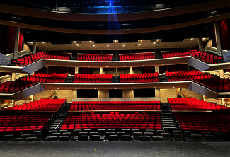 Red theater seats in an empty auditorium, spotlight overhead.