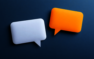Two speech bubbles, one white and one orange, against a dark blue background.
