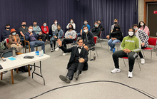Students and Abraham Lincoln presenter Randy Duncan at an event held Oct. 16 at UIS.