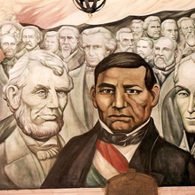 Panel of Piña mural in the Government Palace in Chihuahua, Mexico, honoring the liberators Abraham Lincoln, Benito Juárez and Simón Bolivar.