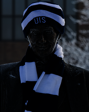 Lincoln statue in UIS winter stocking cap