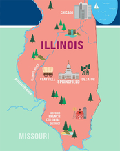 A graphic showing a pink map of Illinois with Clayville, Springfield, Decatur, Chicago and the Historic French Colonial District listed.