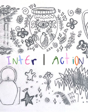 A hand-drawn image featuring the word "Inter | Action" in the center. It displays various items such as flowers, eyes, stars, pots, and other elements.