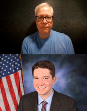 Two portraits: one of a man in glasses and another of a man in a suit by a flag.