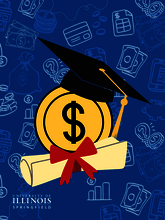 Graduation cap, dollar sign, and diploma, blue background with financial icons.