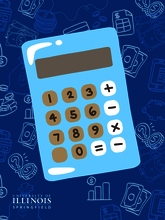 Blue cartoon calculator on a dark blue background with math doodles.