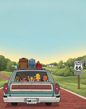Station wagon with passengers on Route 66, luggage on roof, green landscape.