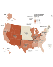 Map of U.S. with color-coded percentages of opioid shipments by region.