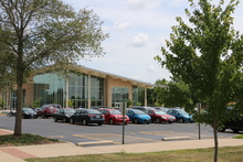 Cars parked in front of the Student Union.