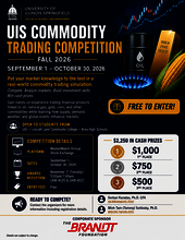 University commodity trading competition flyer with prizes and contact details.