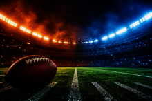 Football on a field, stadium lit in orange and blue lights.