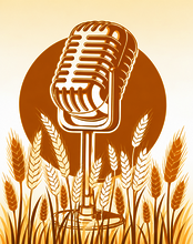 Retro microphone with wheat stalks, sepia-toned graphic.