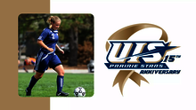 Erin Egolf playing soccer, UIS Athletics 15 years of NCAA DII logo