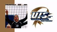 A photo of Alli Split at the net paired with the logo for UIS Athletics NCAA DII 15 Year Anniversary