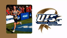 A picture of Blake Jones running at cross country nationals that features the UIS Athletics 15 years of nCAA DII series logo