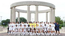 2026 UIS Men's Soccer team photo of student-athletes and coaches in front of the UIS Colonnade