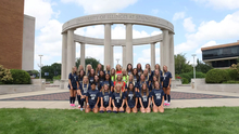2026 UIS Women's Soccer team photo, athletes in uniform at UIS colonnade