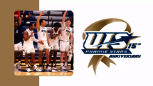 A celebration photo of the 2022-23 men's basketball team paired with the 15 Years of NCAA DII Anniversary logo