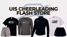 UIS Cheerleading Flash Store graphic. Assorted Prairie Stars gear in blue, white, and gray. 