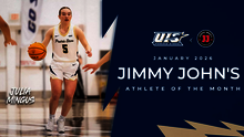 Julia Mingus playing basketball. The text: January 2026 Jimmy John's Athlete of the Month. Julia Mingus