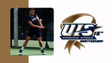 A photo of Sam Clarke playing tennis, 15 Years of NCAA DII Anniversary Series logo
