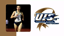 A photo of Taryn Christy running track, paired with the UIS Athletics 15 Years of NCAA DII logo