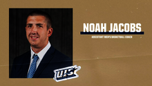 Noah Jacobs, Assistant men's basketball Coach. UIS Athletics logo. Gold background with blue accents