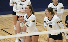 UIS bench celebrating at a volleyball  match