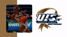A celebration photo on court of 2021-22 UIS women's basketball athlete Lauren Ladowski, paired with UIS Athletics logo for 15 years of DII membership celebration
