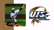 A photo of AJ Dean pitching in UIS baseball uniform, paired with UIS Athletics logo for 15 years of DII membership celebration
