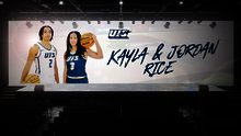 An edit of Kayla & Jordan Rice on the big screen at the front of a theater