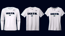UIS 'Lock It In" tees, white shirt on a blue background