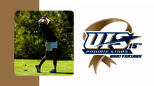 A photo of Elaine Grant golfing paired with logo for UIS 15 Years of NCAA DII recognition series
