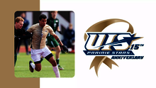 A photo of Adrian Adams playing soccer paired with logo for 15 Years of NCAA