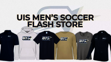 UIS Men's Soccer Team Flash Store graphic, photos of various gear in white, blue, and gold. 