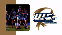 The 2022 UIS women's soccer team celebrating a goal, paired with UIS Athletics 15 Years of NCAA DII Anniversary logo
