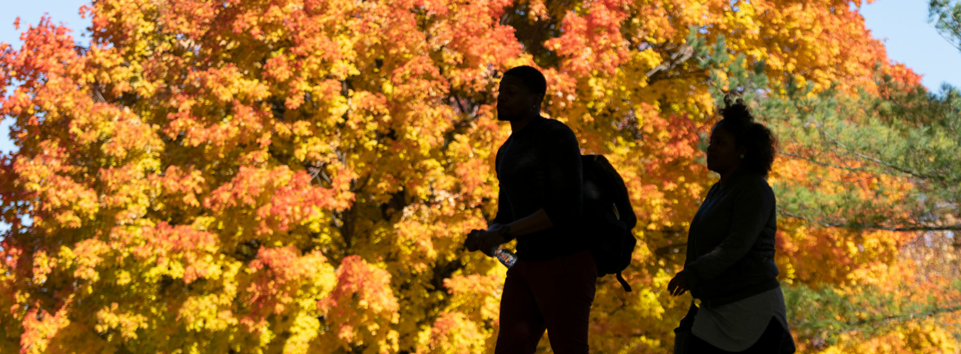 Two students walking through the quad during Fall