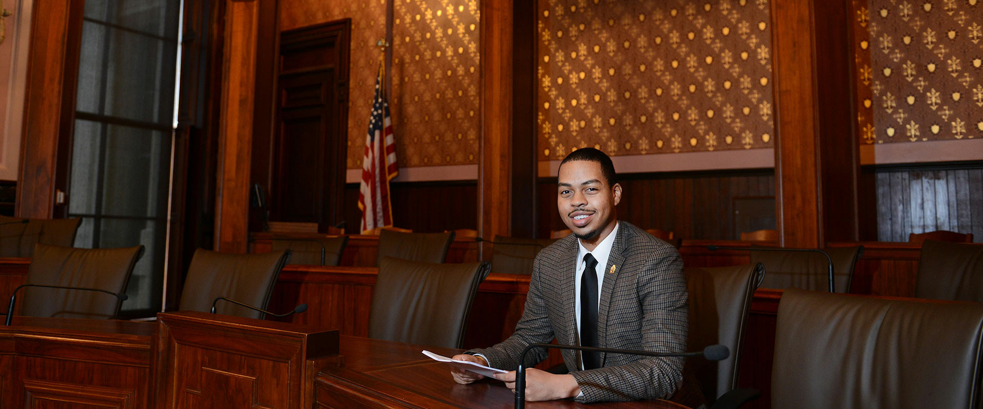 Student Intern in committee room at Illinois capital