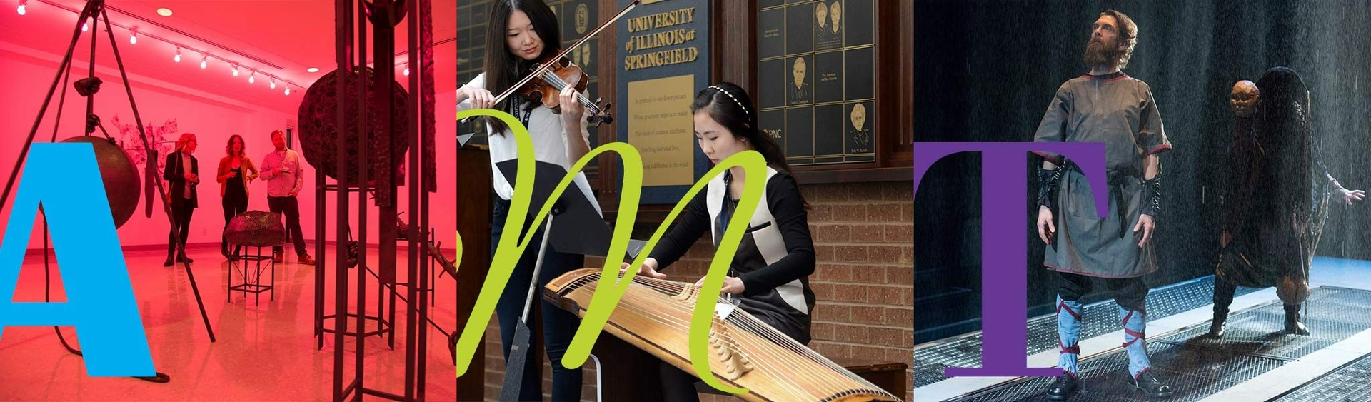 an art exhibit, a girl playing a violin, and a theatre production