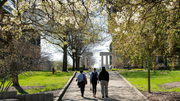 three students walking up the sidewalk between HSB and Brookens Library