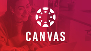 Red-tinted photo of a woman smiling at a laptop, with a Canvas logo.
