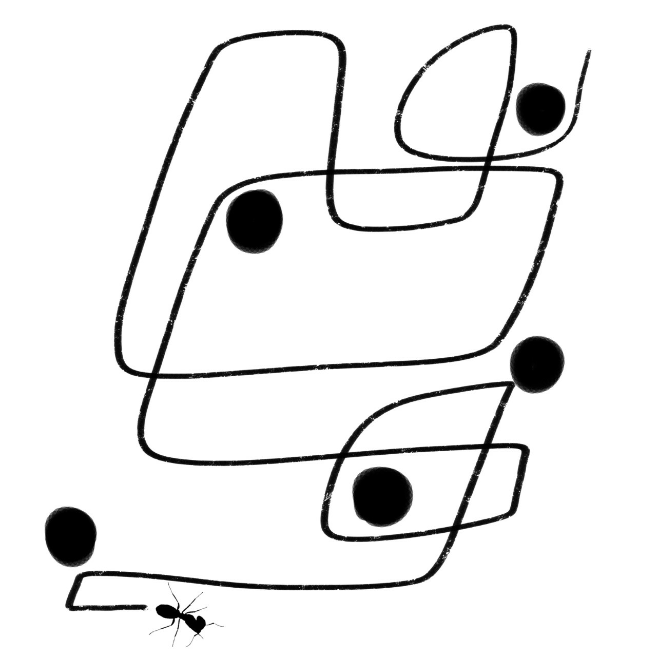 Abstract image of squiggly black lines with randomized black dots