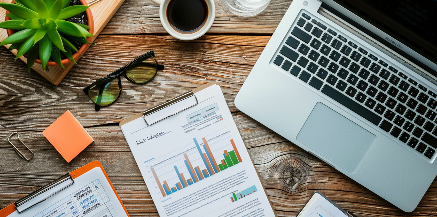 laptop and papers with charts