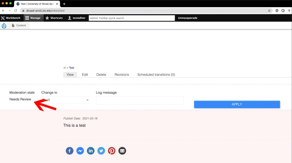 screenshot showing that the status of the page has been changed to Needs Review