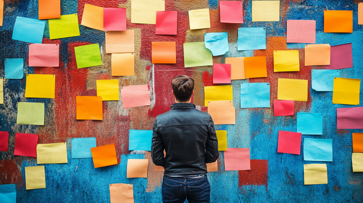 person looking at wall of sticky notes