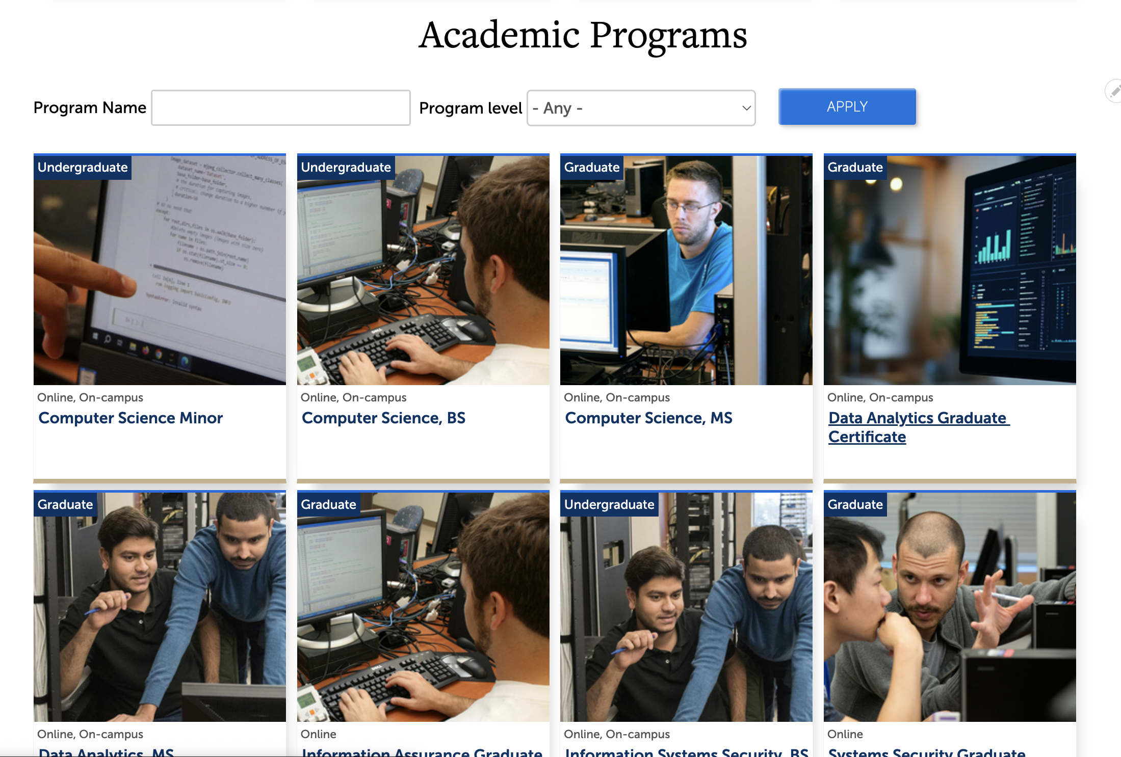 screenshot of Programs of Study feed with a filter