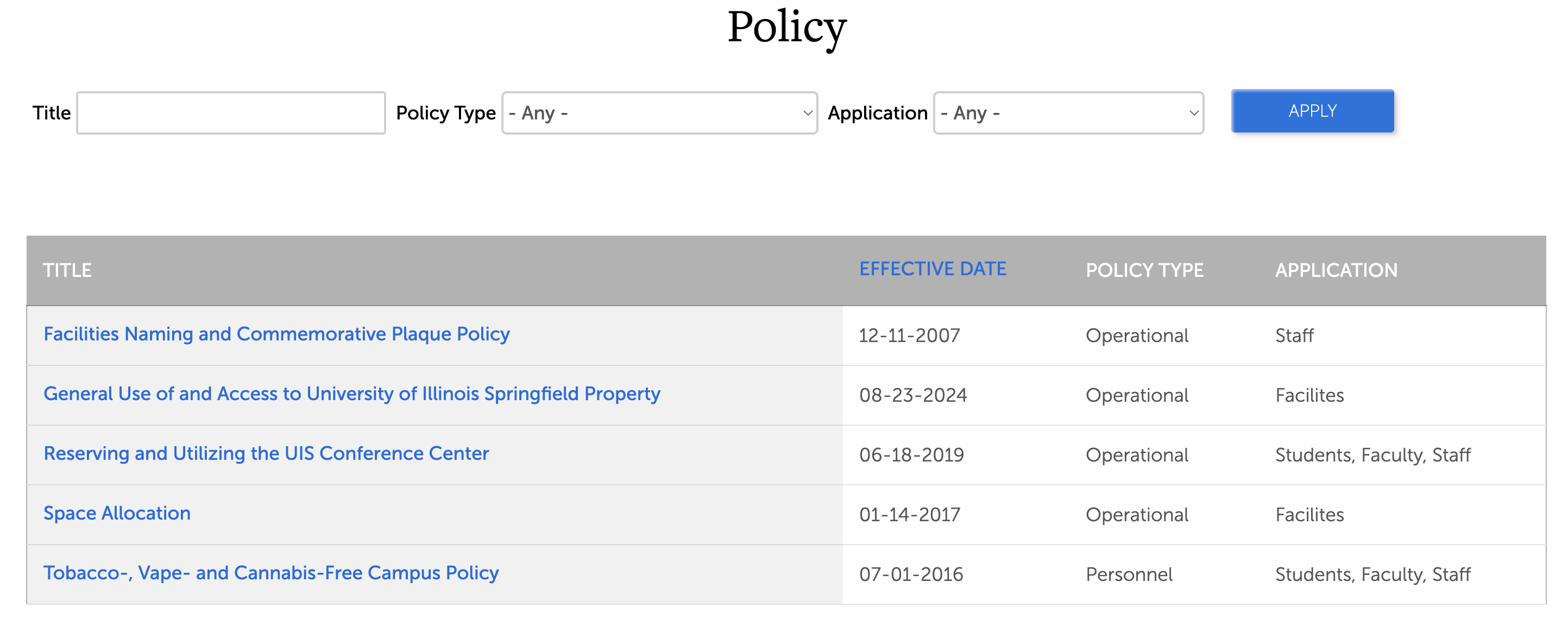 screenshot of a policies feed