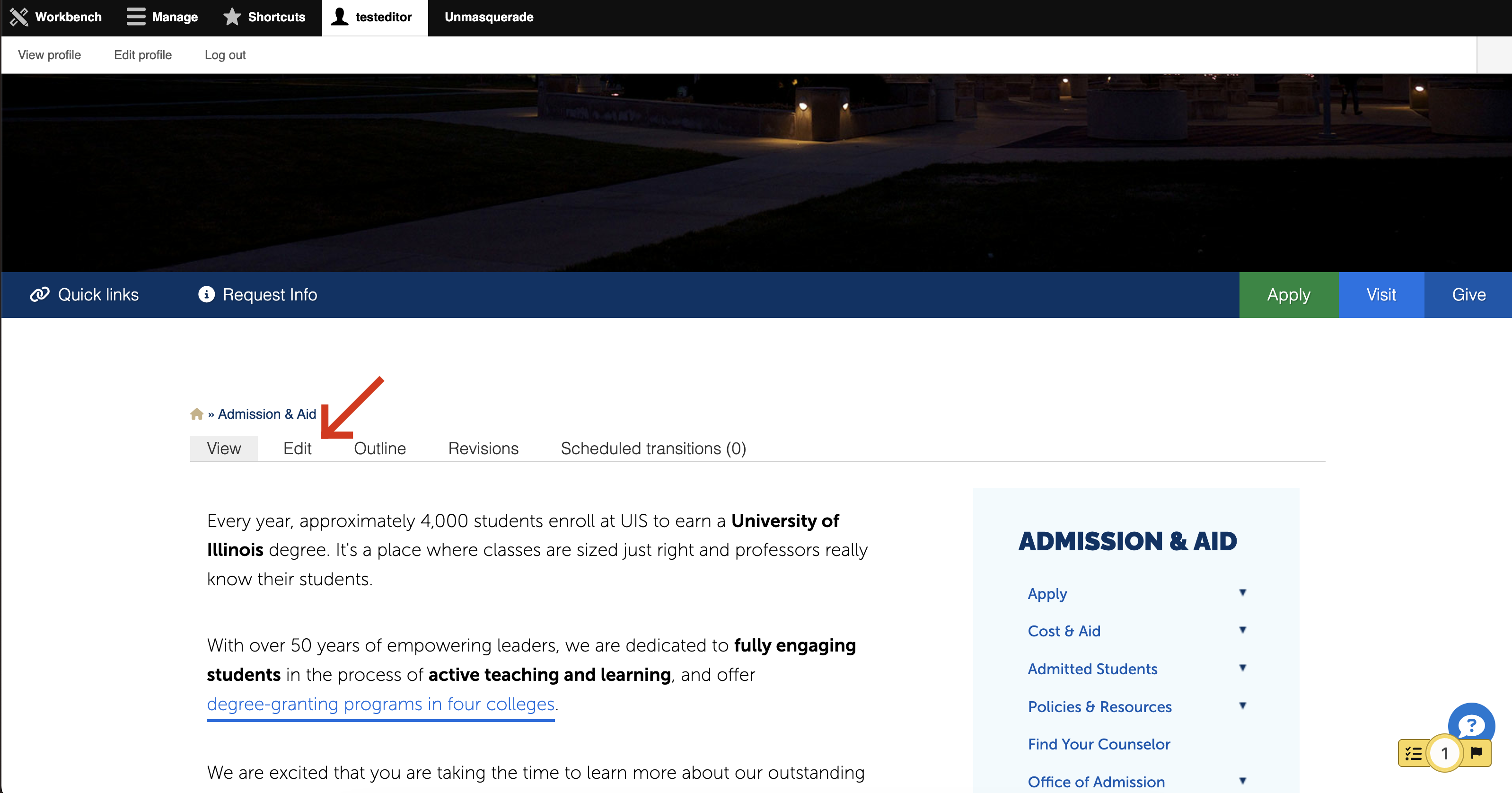 screenshot of where the edit option is on a page